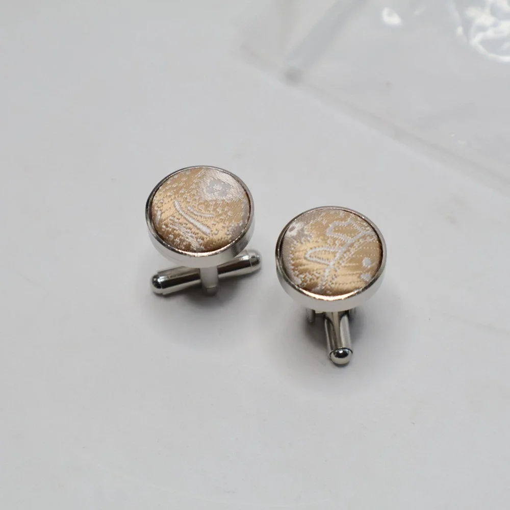 Vintage Style Silver Tone Round Cufflinks Gold White‎ Paisley Brocade Inlay